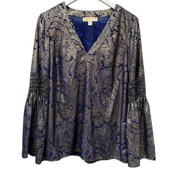 MICHAEL Michael Kors Blue Gold Paisley Blouse Small Womens Ruffle Sleeve Evening - Picture 1 of 10